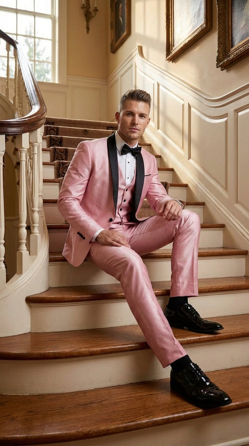 Men’s Blush Pink Shiny 3 Piece Suit with Black Shawl Lapel | Light Pink Prom Suit Sharkskin Fabric - Ultra Slim Fit