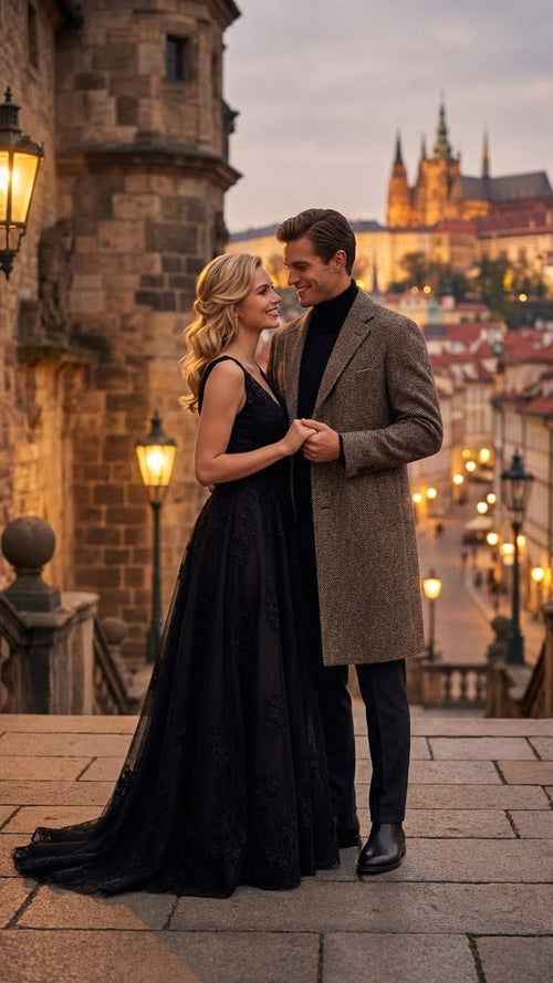 Men's black & grey herringbone tweed wool overcoat. Long, tailored silhouette with notched collar & button closure. Classic herringbone pattern in black & grey. Knee-length, suitable for layering.