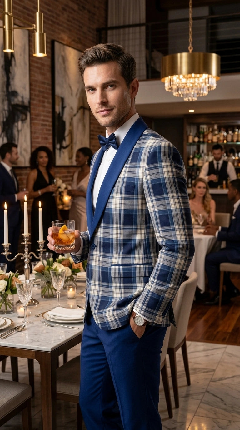 Men’s Tartan Blue Plaid and Solid Blue Tuxedo – Modern Check Pattern Formal Suit for New Year - Christmas - Holiday Jacket with Pants