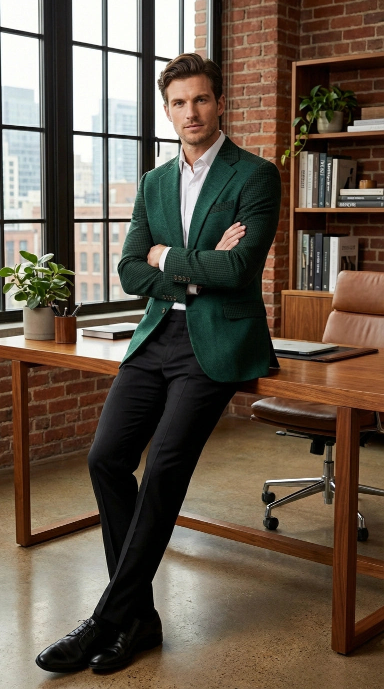 Zacchi Brand Men’s Dark Green Textured Blazer – Classic Single Button Sport Coat with Notch Lapel Formal Jacket