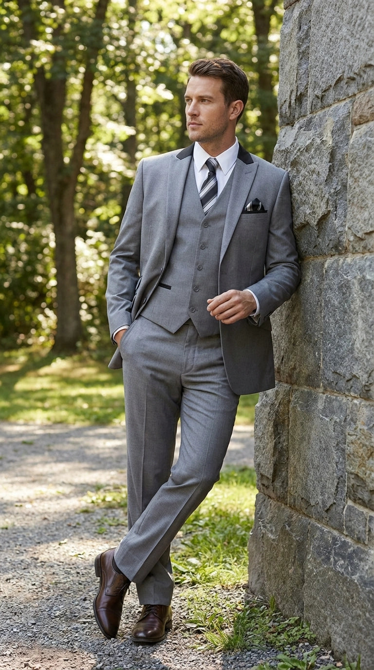 Men’s Light Gray Three Piece Suit with Black Chesterfield Collar – Classic Formal Wedding and Business Suit Set 1920s Vintage