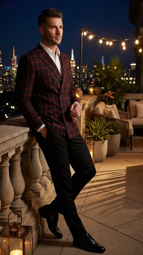 Men’s black and red check double-breasted blazer featuring a structured, tailored shape. The blazer displays a prominent plaid pattern and is complemented by contrasting black trousers.