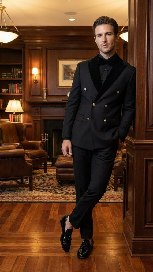 Alberto Nardoni men's black double-breasted tuxedo. Structured design with prominent lapels, two rows of buttons, and tailored fit. Made of smooth black fabric (wool likely), paired with black patent leather shoes.