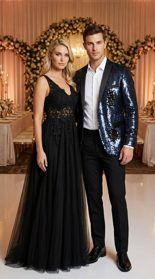 Men’s Navy Sequin Blazer – Navy Blue Sparkle Sequin Formal Blazer with Satin Lapel for Prom, Party and Evening Events