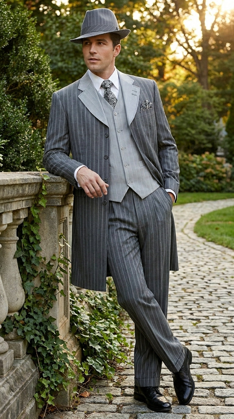 Men’s Grey Pinstripe Zoot Suit 3 Piece – 1920s Gangster Vintage Wide Lapel Suit with Vest for Wedding, Party