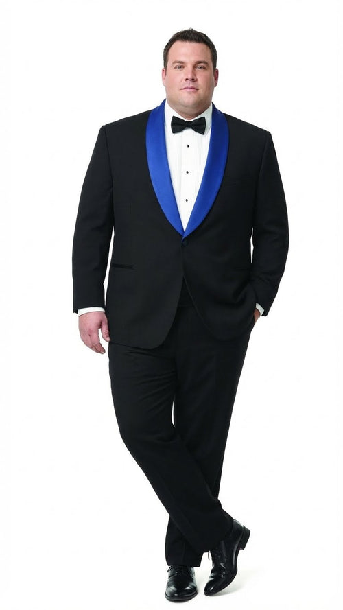 Men's black tuxedo with royal blue shawl lapel. Structured fit, smooth fabric, and classic bow tie. Tailored design for a formal look.