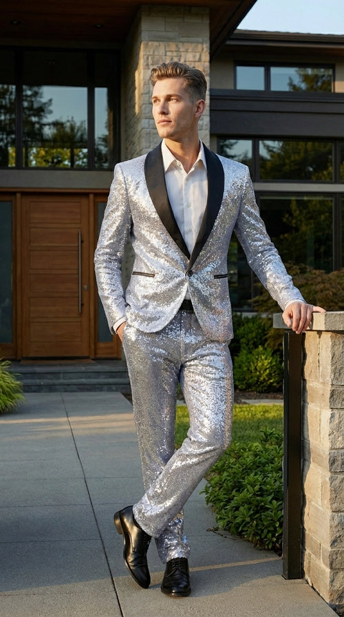 Mens Silver Grey Sequin Tuxedo Suit – Shiny Wedding Suit Set with Black Lapel for Prom, Party, Gala and Formal Evening Wear
