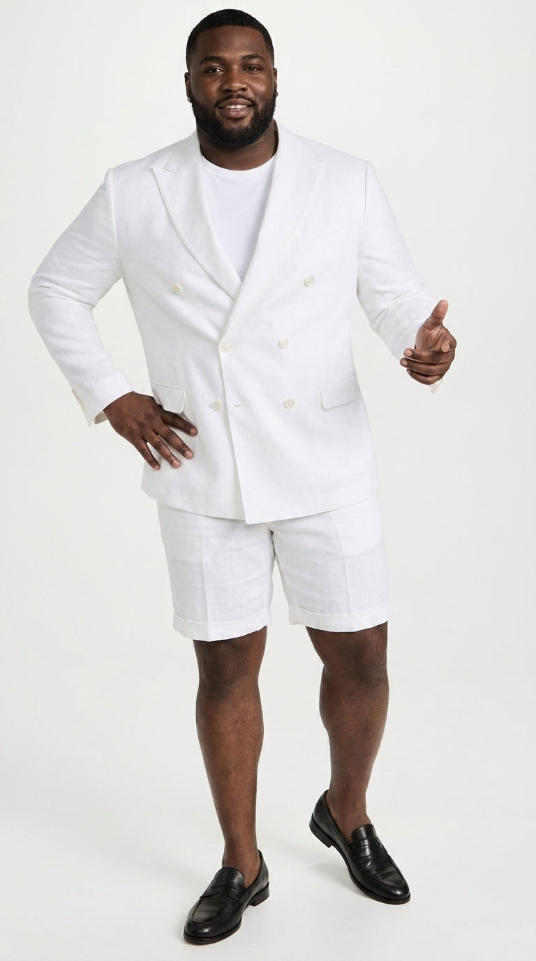 Men’s White Summer Suit with Shorts, 2 Piece Linen Style Wedding Beach Short Suit Set double breasted style