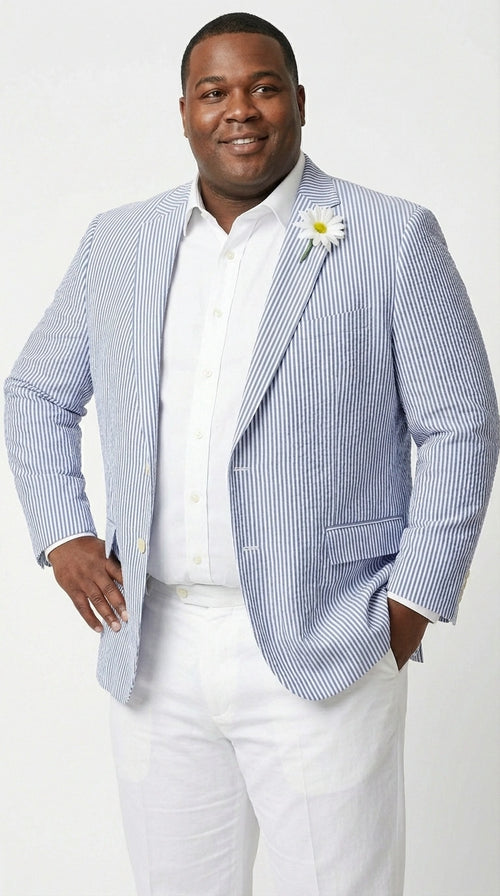 Mens Blue Seersucker Blazer – Lightweight Striped Summer Sport Coat Casual Smart Formal Jacket