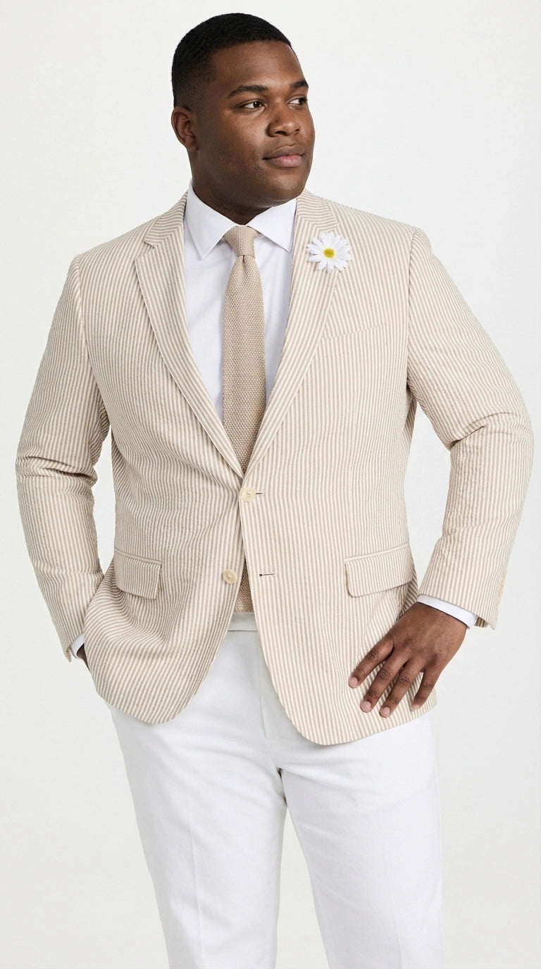 Mens Beige Seersucker Blazer – Lightweight Striped Summer Sport Coat Casual Smart Formal Jacket