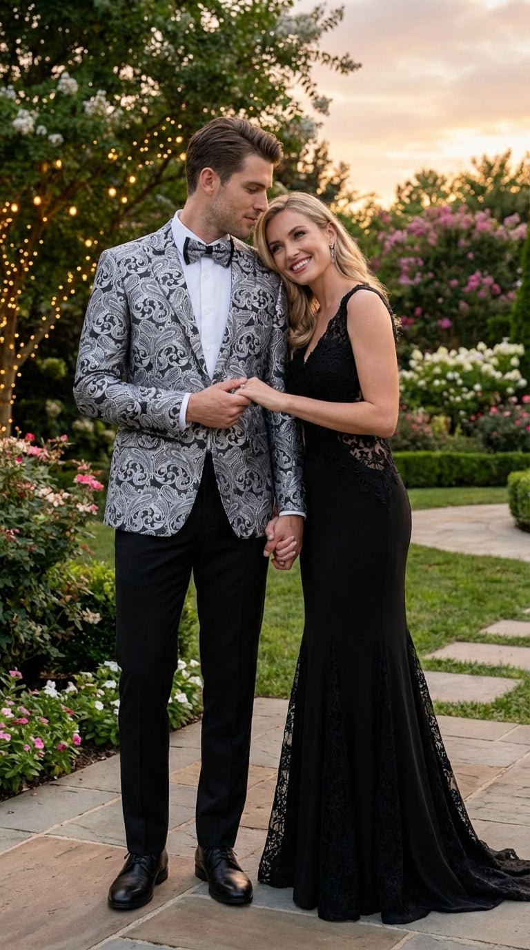 Mens Silver and Black Paisley Prom Blazer Jacket | Printed Formal Evening Tuxedo Blazer + Free Matching Bow Tie