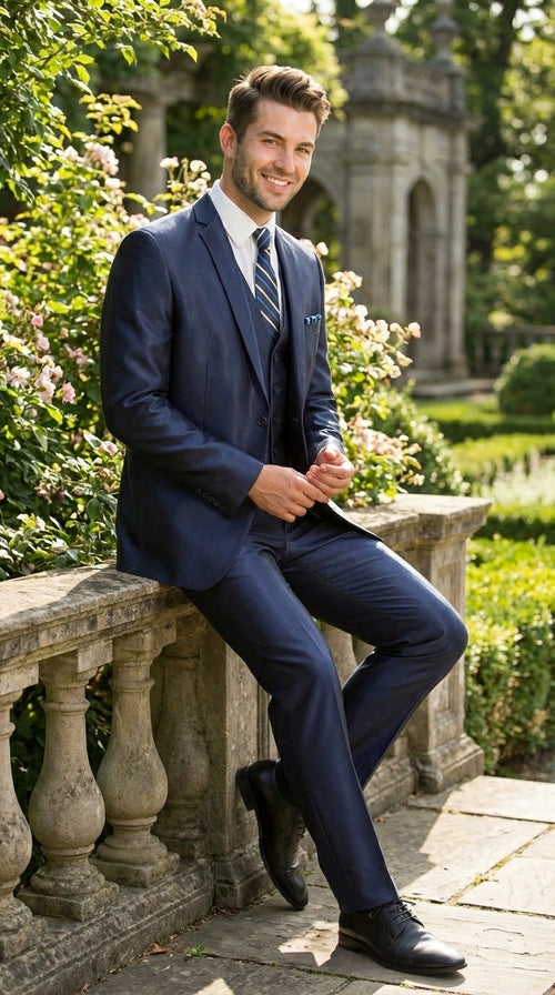 Men’s Navy Blue Sharkskin 3 Piece Suit – Two Button Vested Shiny Formal Suit for Wedding, Prom, Business and Party Wear