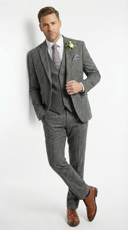 Men’s Peaky Blinder Light Grey Tweed Suit with Vest – Classic Three Piece Formal Suit, Vintage Wedding Business Outfit