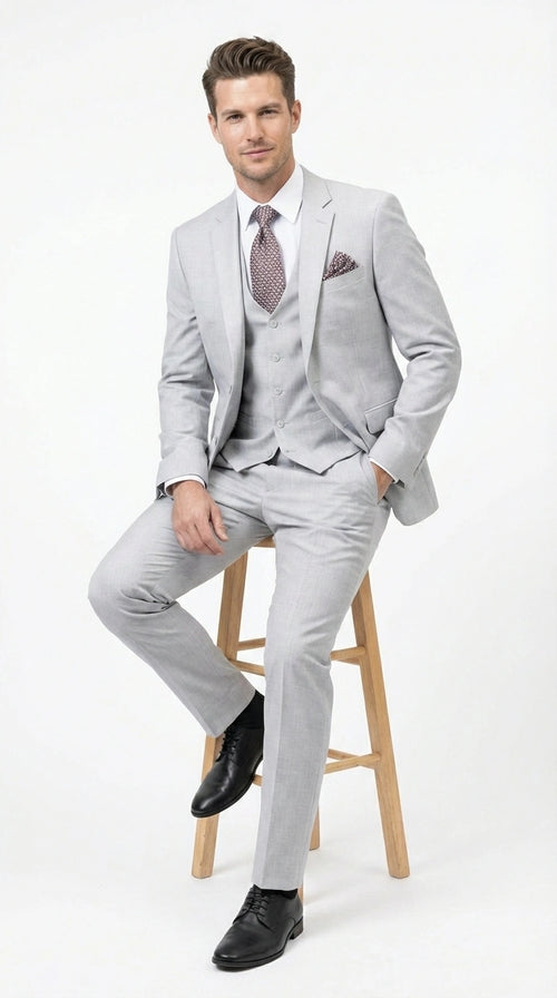 Men’s Light Grey Sharkskin 3 Piece Suit – Two Button Vested Modern Formal Business Suit for Wedding in silver Ice Gray