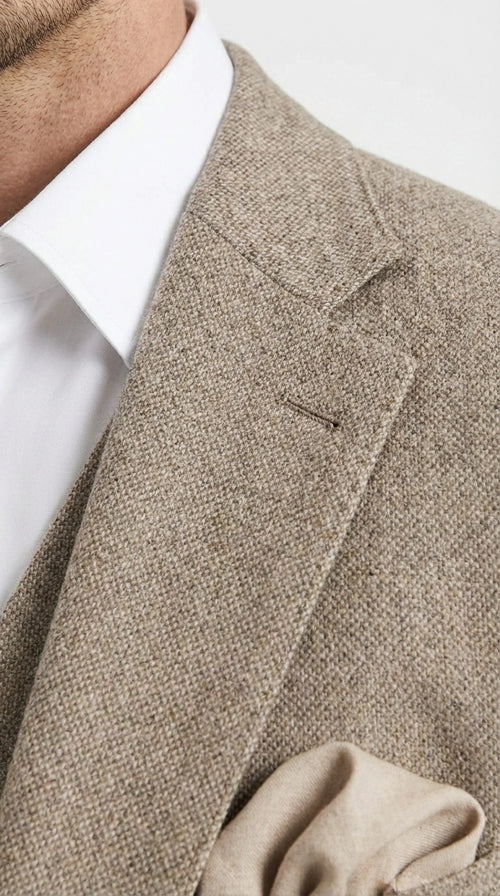 Men’s Light Beige Herringbone Tweed Suit with Vest – Classic Three Piece Formal Suit, Vintage Business Wedding Outfit, Elegant Smart Casual Attire