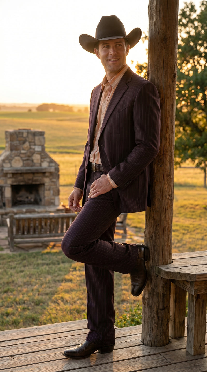 Men’s Brownish Black Pinstripe Western Suit, Cowboy Formal Wedding Ranch Dress Suit Set Slim Fitted
