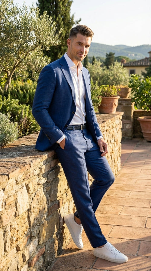 Mens Enzo Tovare Denim Blue Linen Summer Suit – Breathable Two Piece Suit for Wedding, Business, Travel