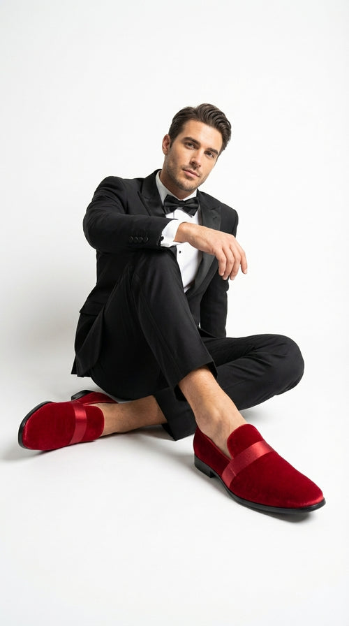 Mens Red Velvet Loafers – Luxury Formal Slip On Dress Shoes Wedding Party Prom Evening Shoes