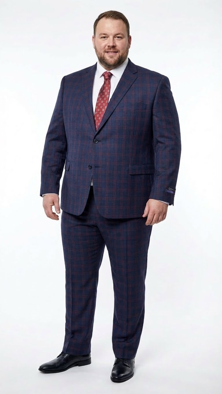 Navy and burgundy checkered men's suit with windowpane pattern. Features a notched lapel jacket, flat-front trousers, and straight leg. Woven fabric. Paired with black dress shoes.