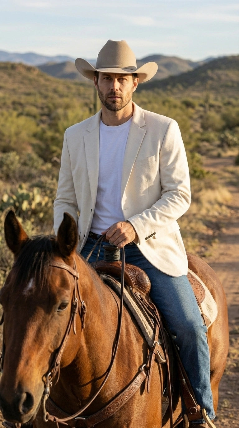 Men’s Off White Casual Blazer – Classic Western Style Lightweight Summer Cowboy Jacket Casual Ivory Cream Color