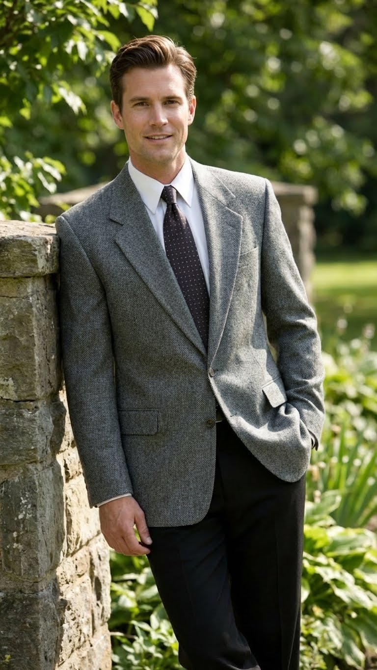 Dark grey men's blazer. Textured fabric, charcoal grey color. Notched lapel, two front pockets, single-button closure. Structured, close-fitting torso design.