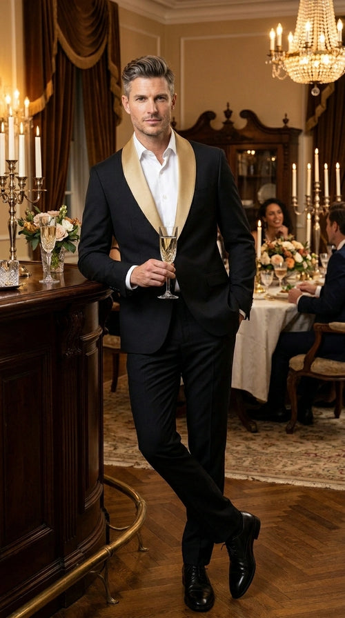 Men’s Black Suit with Gold Lapel – Luxury Formal Tuxedo Style Suit for Wedding, Prom, Party and Evening Wear