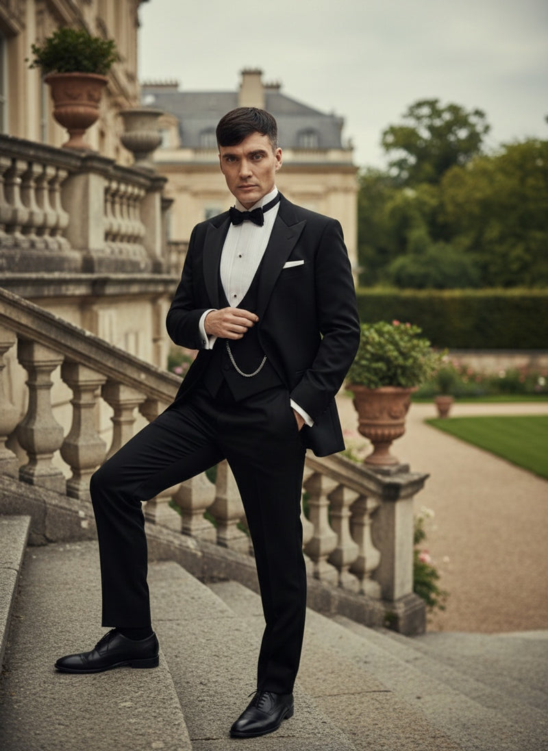 Mens Black Peaky Blinders Style Three-Piece Tuxedo Suit – Classic Formal Suit with Blazer and Waistcoat Peak Lapel 1920s Style