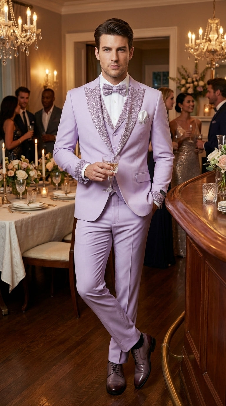 Men’s Lilac Suit with Silver Glitter Sequin Lapel – Lilac and Silver Formal Tuxedo Suit for Prom, Wedding Lavender Tuxedo