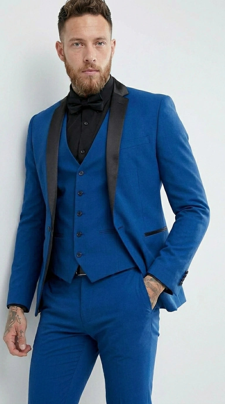 Men’s Royal Blue 3 Piece Suit with Black Lapel – Modern Formal Suit for Wedding, Prom and Party Wear