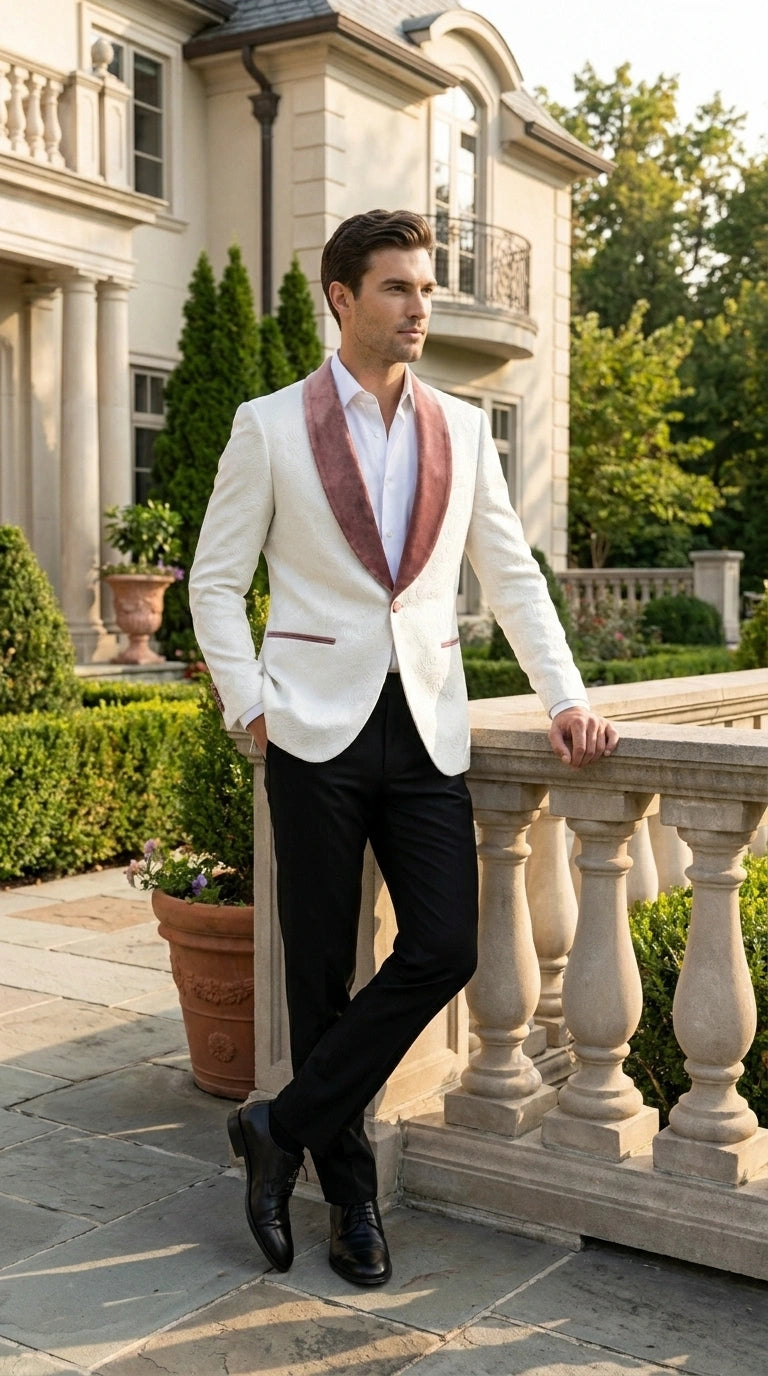 Men’s Ivory and Rose gold Floral Blazer – Elegant Shawl Lapel Formal Blazer Jacket for Wedding, Party, Prom