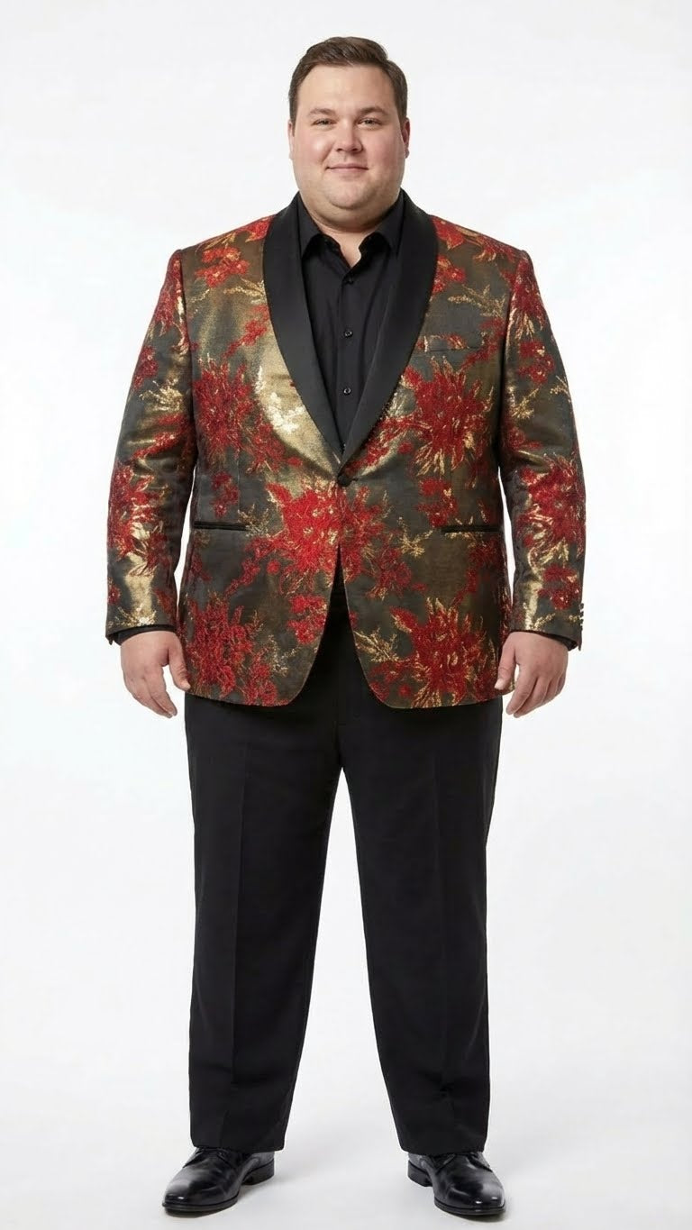 Men's red & gold paisley shawl lapel jacket. Structured shape, prominent shawl collar, glossy fabric. Vivid floral paisley design in red & gold on dark base. Two front pockets, fitted silhouette.