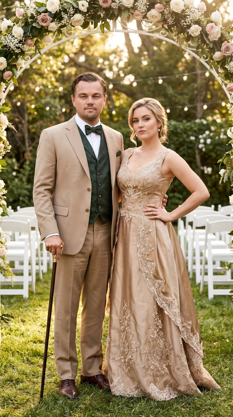 Men’s Khaki 3 Piece Suit with Patterned Vest, Great Gatsby Inspired Formal Suit for Weddings, Mardi Gra in Tan Camel Color