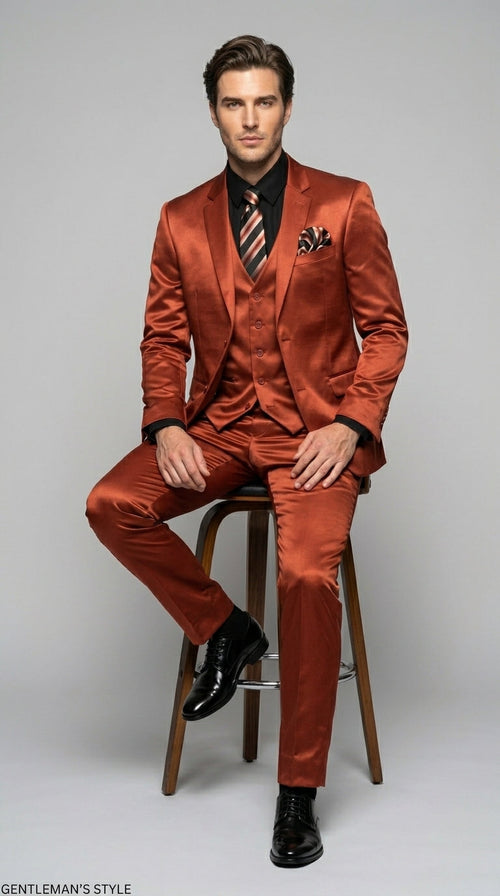 Menās Rust Copper Coganc Shiny Sateen 3 Piece Suit, Vested Formal Wedding Prom Suit Set Ultra Slim Fit