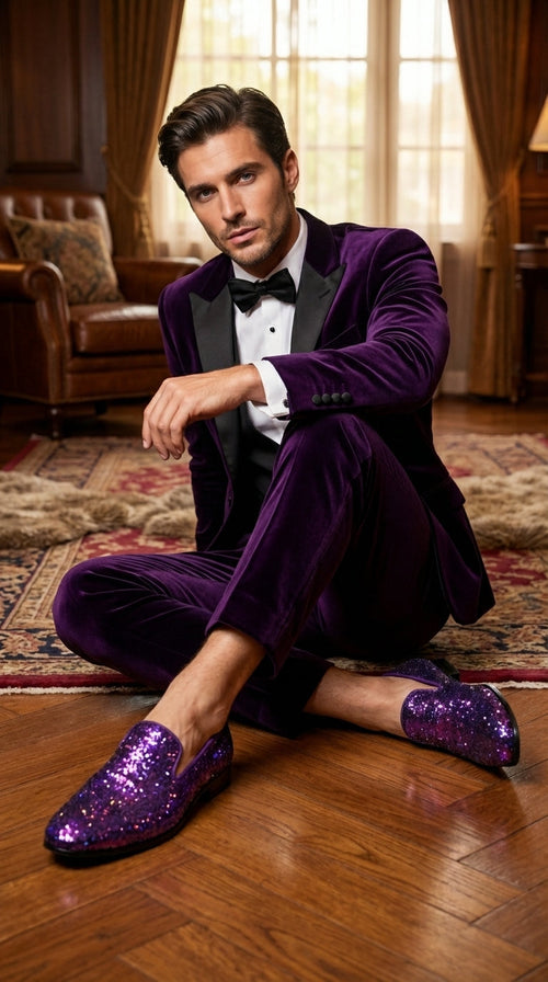 Mens Purple Sequin Dress Shoes Slip on – Luxury Slip On Formal Loafers Wedding Prom Party Designer Footwear