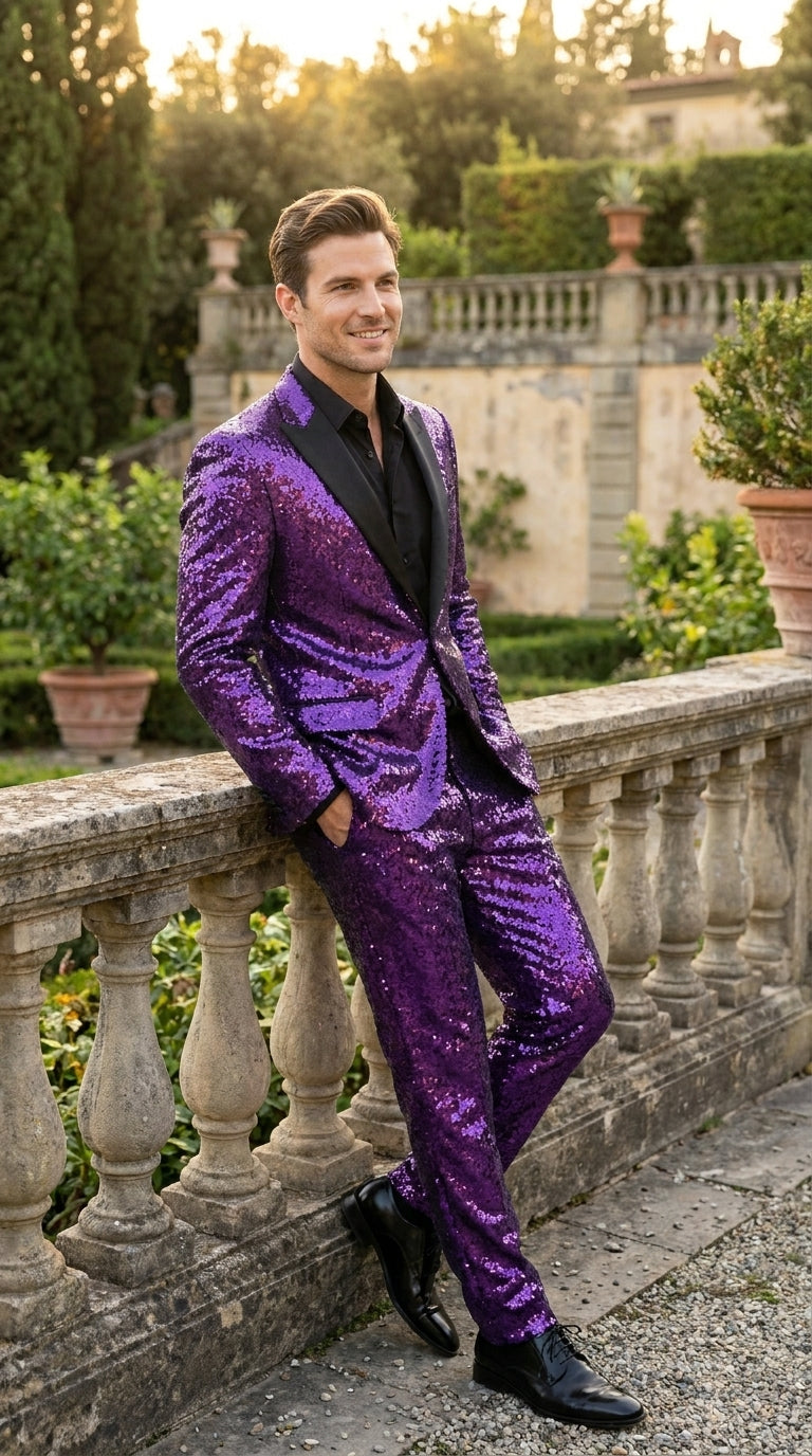 Men’s Purple Glitter Tuxedo Suit with Black Lapel, Party Stage Performance Formal Suit