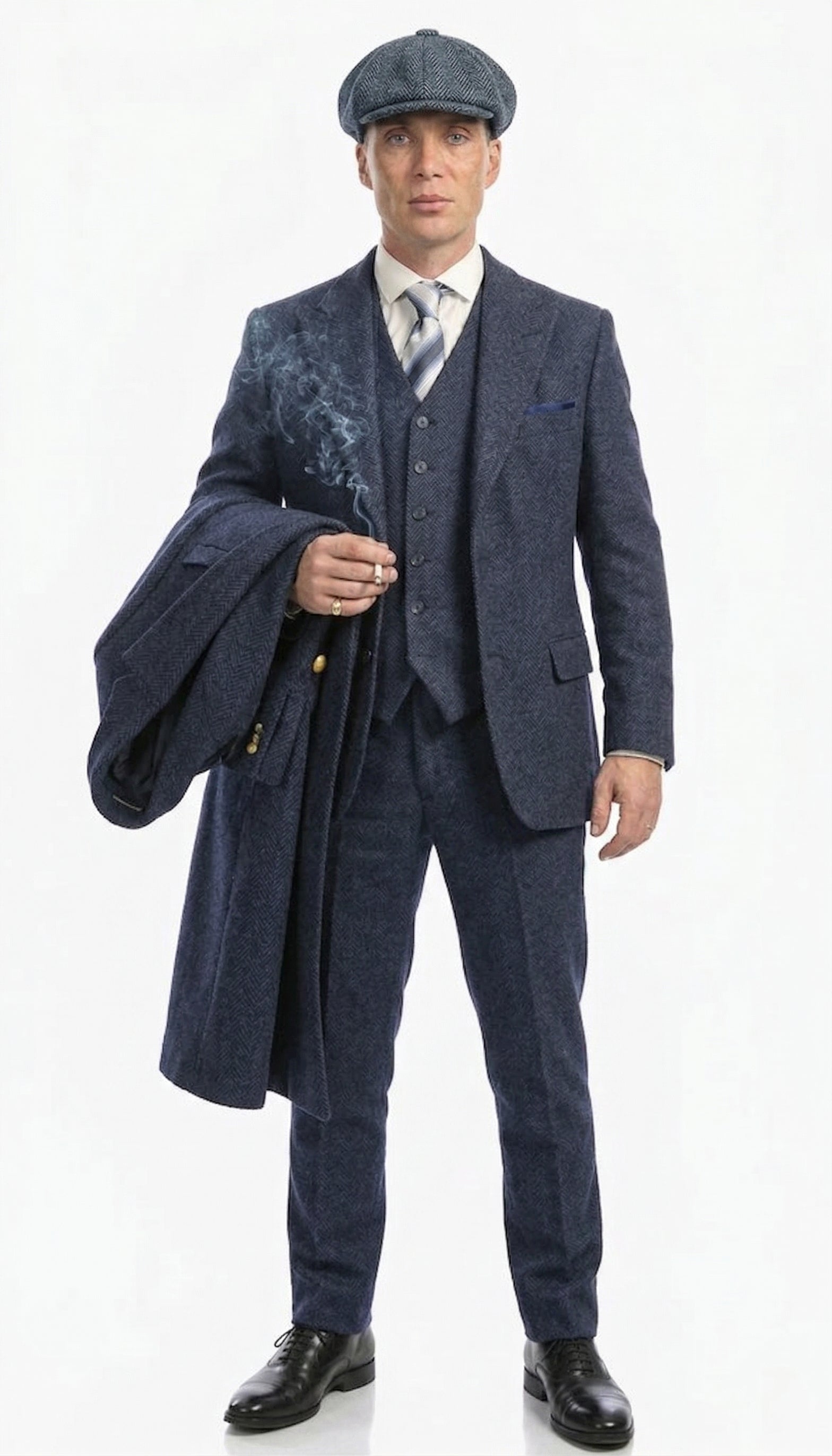 Men’s Navy Blue Herringbone Tweed 1920s 3 Piece Suit with Overcoat – Vintage Peaky Blinder Style Formal Suit Set with Blazer, Waistcoat + Overcoat + Hat