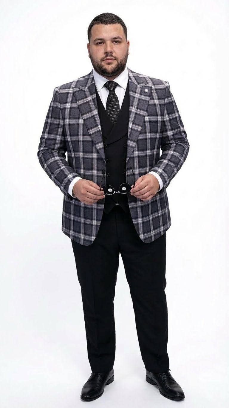 Alberto Nardoni charcoal & black plaid blazer. Structured fit, two-button closure, notched lapels, and long sleeves. Textured fabric.