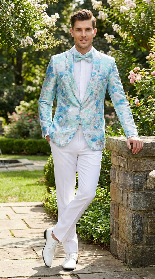 Men’s Light Blue Floral Jacquard Tuxedo Jacket with Matching Bow Tie | Formal Prom Wedding Blazer + Bowtie Turqoise Aqua Color