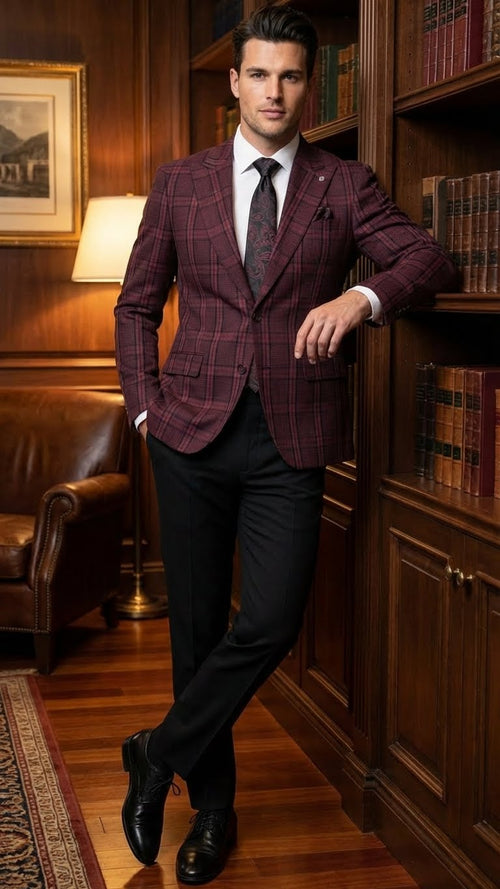Alberto Nardoni men's burgundy check blazer. Tailored fit, double-breasted, textured fabric. Features a rich burgundy check pattern, two front pockets, and a notch lapel.