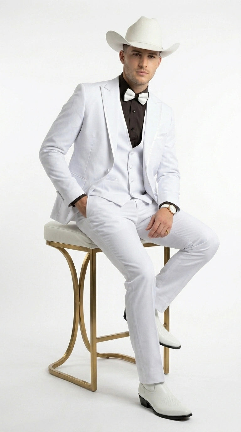 Men’s White Western Cowboy 3 Piece Tuxedo Suit, Formal Wedding Prom Groom Suit Set