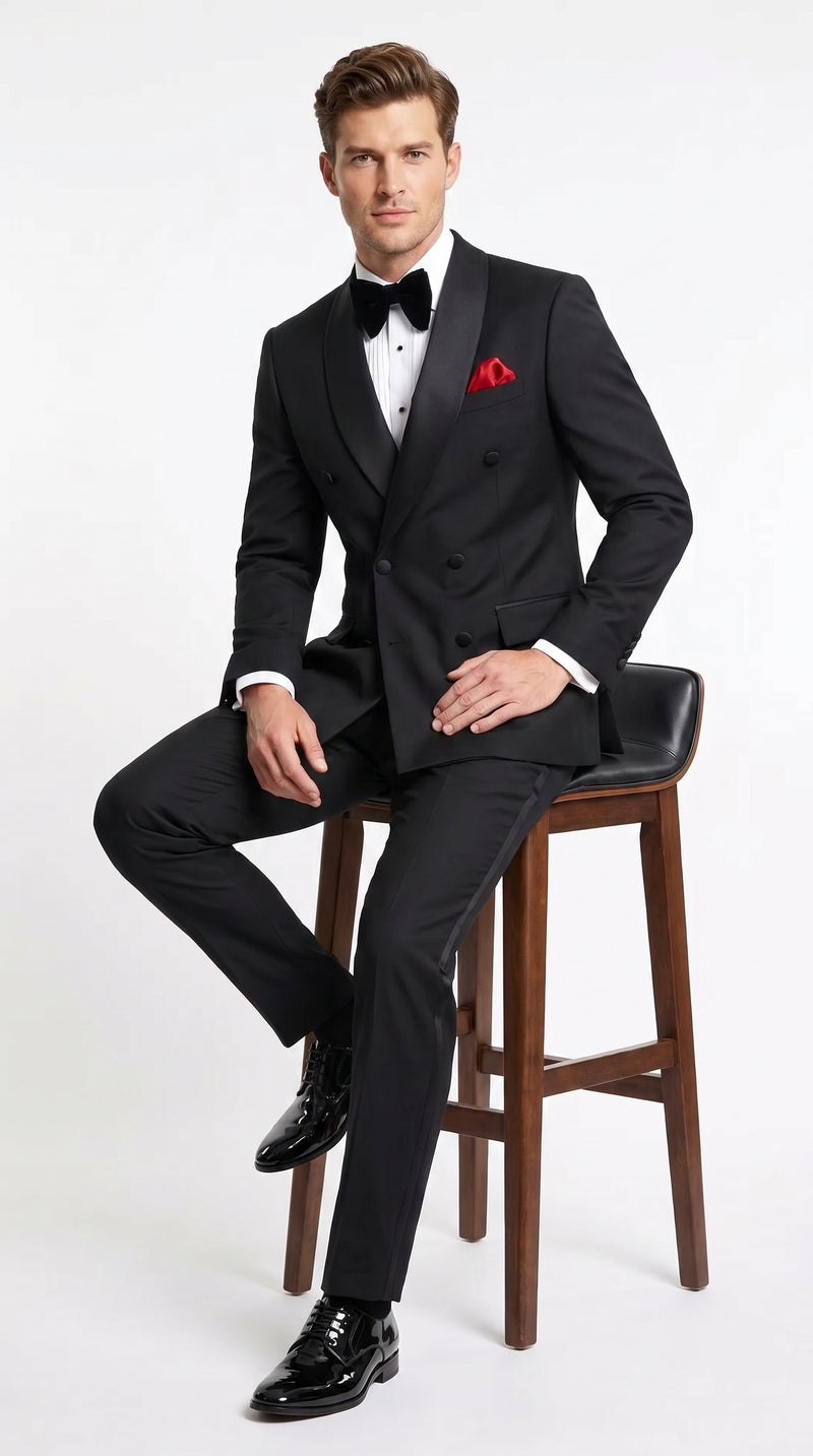 Men’s Black Double Breasted Evening Wear Suit with Satin Shawl Lapel and Red Pocket Square