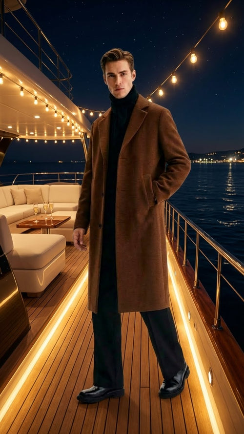 Alberto Nardoni men's brown wool overcoat. Straight cut, knee-length, notched collar, and two side pockets. Made from thick, solid brown wool.