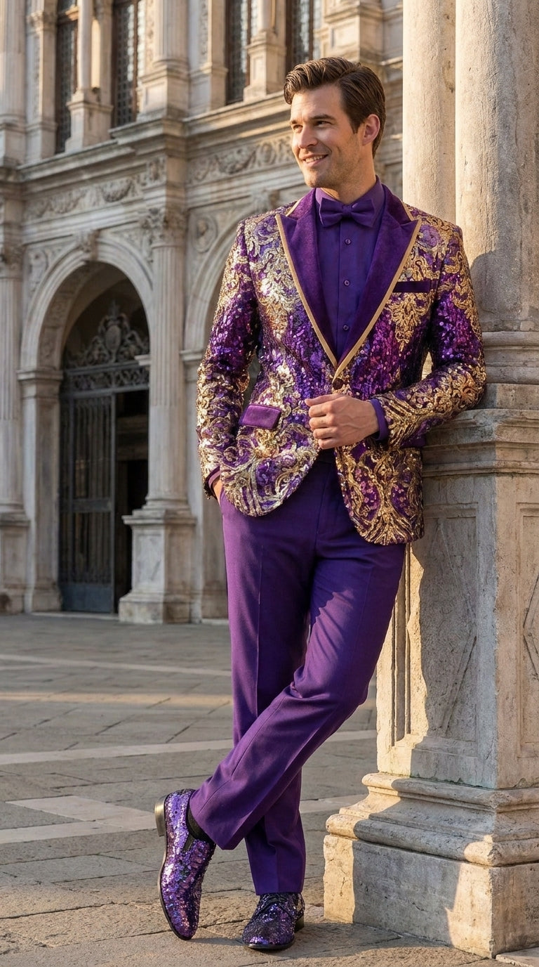 Men’s Purple and Gold Sequin Suit with Pants – Luxury Prom, Wedding and Party Blazer