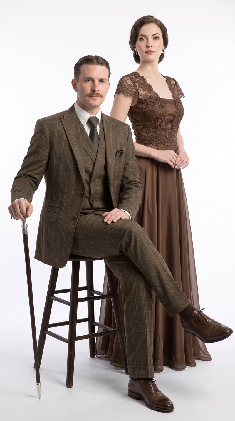 Men’s Edwardian Brown Plaid 3-Piece Suit – Vintage Double-Breasted Vest Wedding and Formal Suit