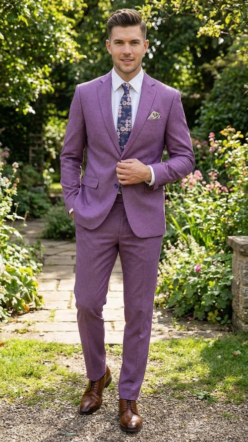 Men's light purple suit: tailored blazer with defined shoulders, single-breasted design, and subtle lapels. Textured mauve fabric with two front pockets. Matching trousers complete the look.
