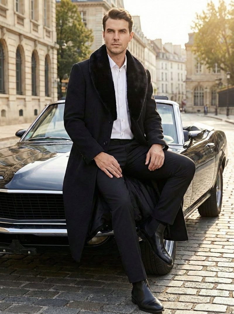 Mens Black Long Overcoat with Faux Fur Collar, Full Length Winter Topcoat for Formal and Business Wear