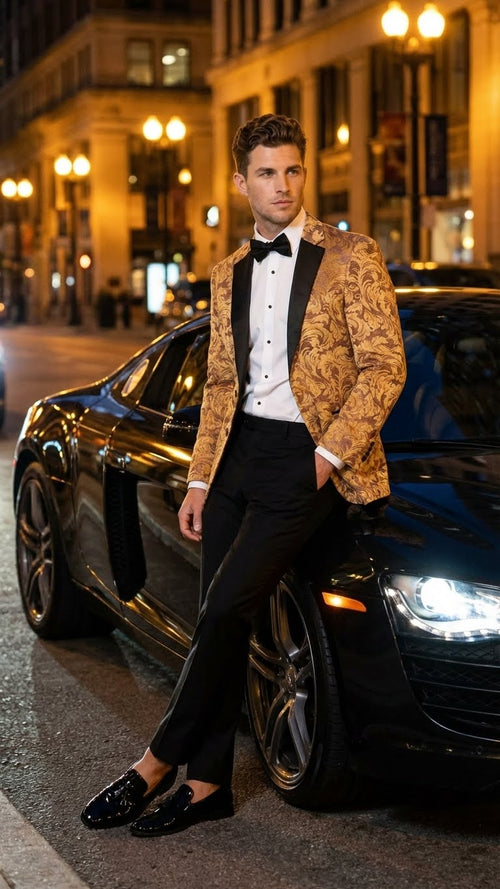 Yellow gold baroque tuxedo blazer with black lapels & floral design. Structured fit, single-button closure. Paired with black tailored trousers and glossy black loafers. Formal & eye-catching.