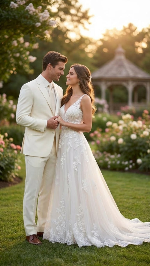 Ivory men's tuxedo suit with satin notch lapel. Tailored fit and structured shoulders. Soft ivory color, matching trousers for a cohesive look.