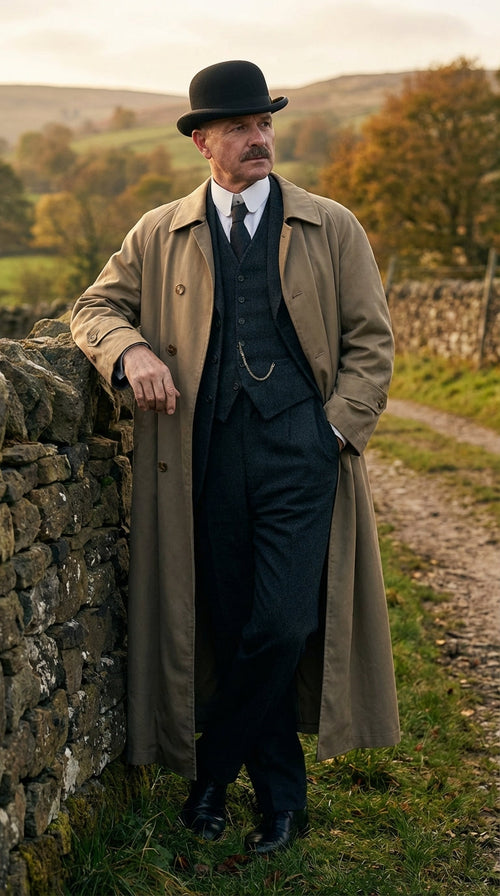 Men’s Beige Cotton Trench Coat Suit Package – Classic Long Overcoat for Formal + Suit + Hat