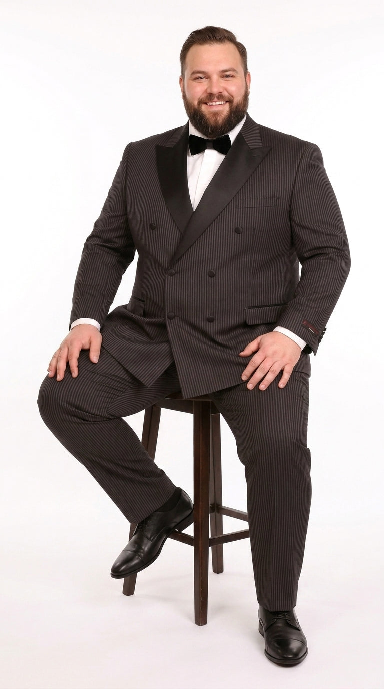 Men’s Black Shadow Pinstripe Double-Breasted Tuxedo Tone on Tone Formal Wedding Suit Modern Fit 1920s Style